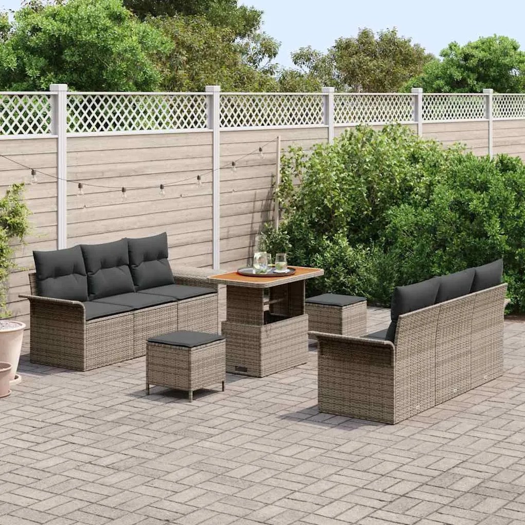 Conjunto de Sofás para Jardim 9 Peças com Almofadas Cinza Rattan Polié