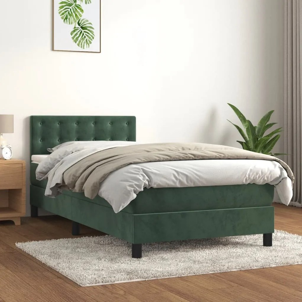 Cama box spring c/ colchão/LED 90x190 cm veludo verde-escuro