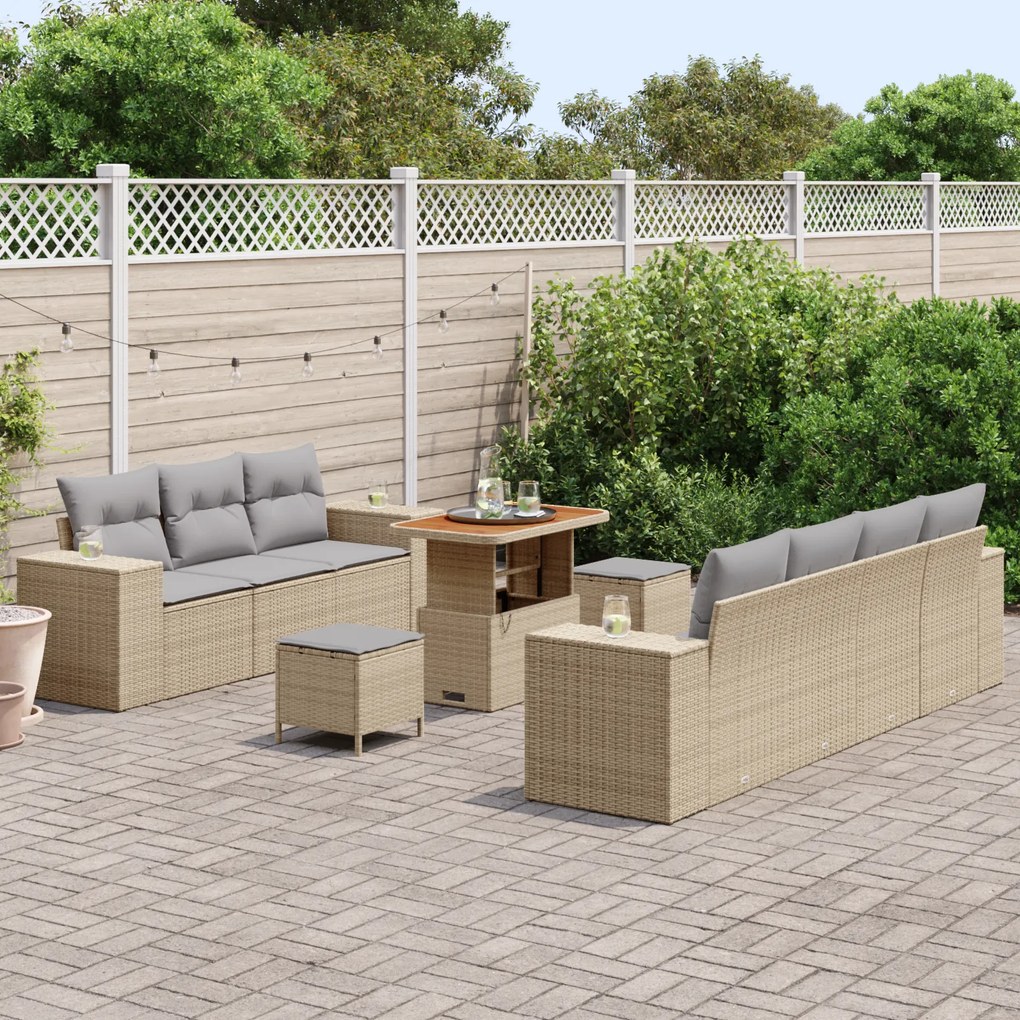 Conjunto de Sofá para Jardim de 10 Peças com Almofadas Bege Vime Polié