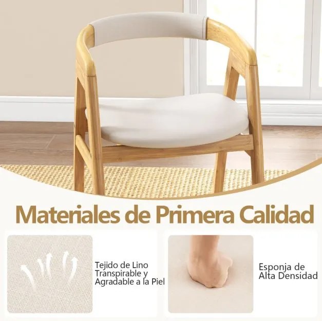 Cadeira de bambu com encosto curvo e almofada de assento estofada para sala de estar/jantar natural