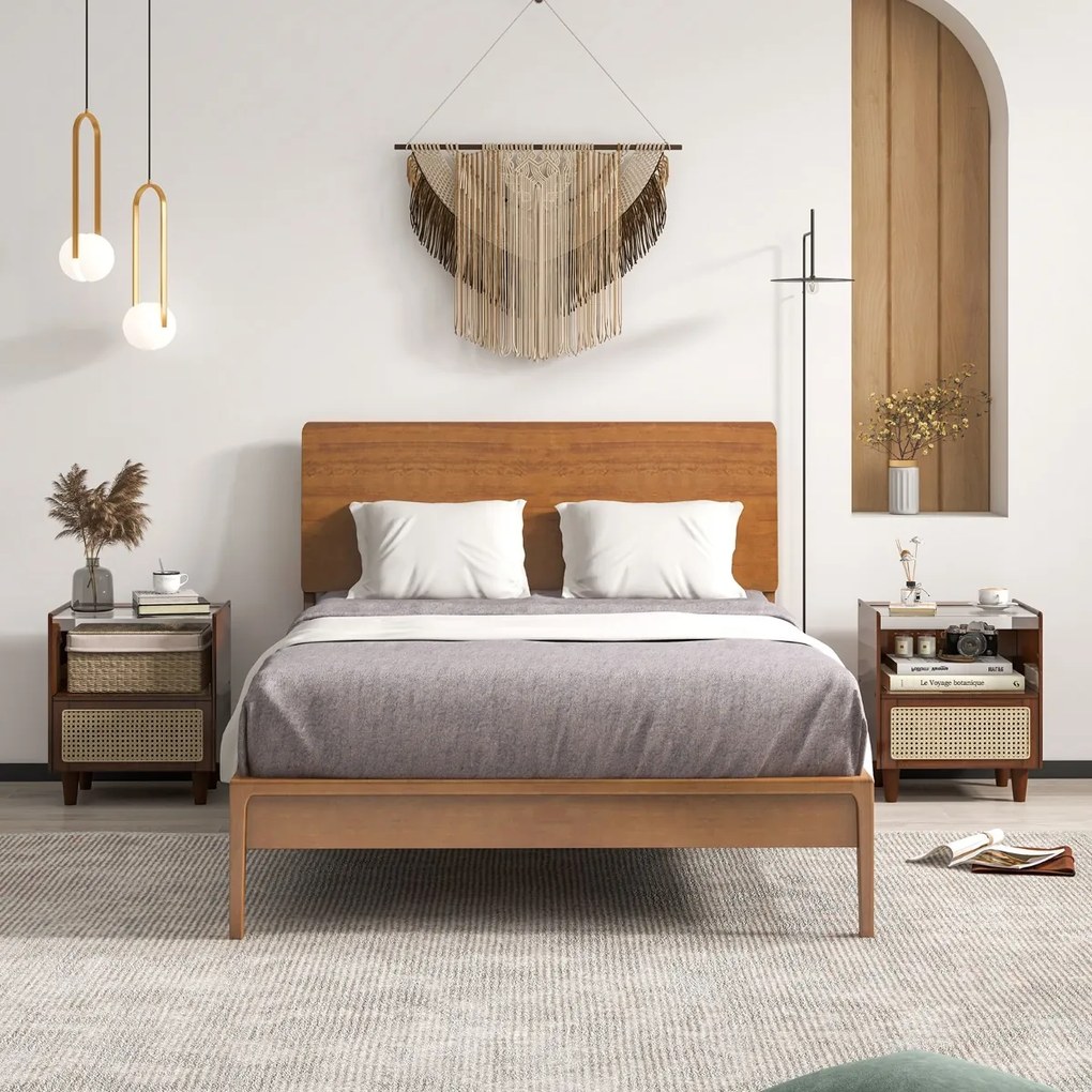 Conjunto de 2 Mesas de cabeceira de bambu e rattan com gaveta e pernas de madeira maciça  43 x 35 x 50 cm Castanho