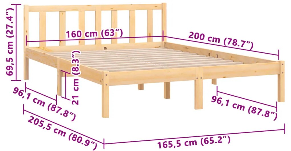 Estrutura de cama em pinho maciço 160x200 cm