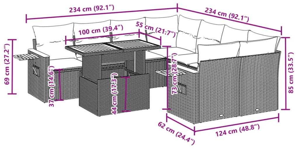9 pcs conjunto de sofás p/ jardim com almofadões vime PE bege