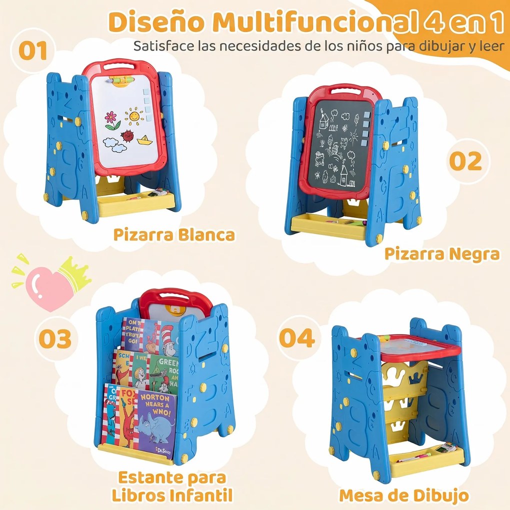 Cavalete Infantil de Desenho 3 em 1, 43 x 38,5 x 55,5 cm, Quadro de Dupla Face, Azul