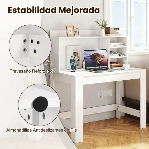 Secretária de computador 108 x 60 x 125 cm com estante com tomadas e orifício para cabos branca