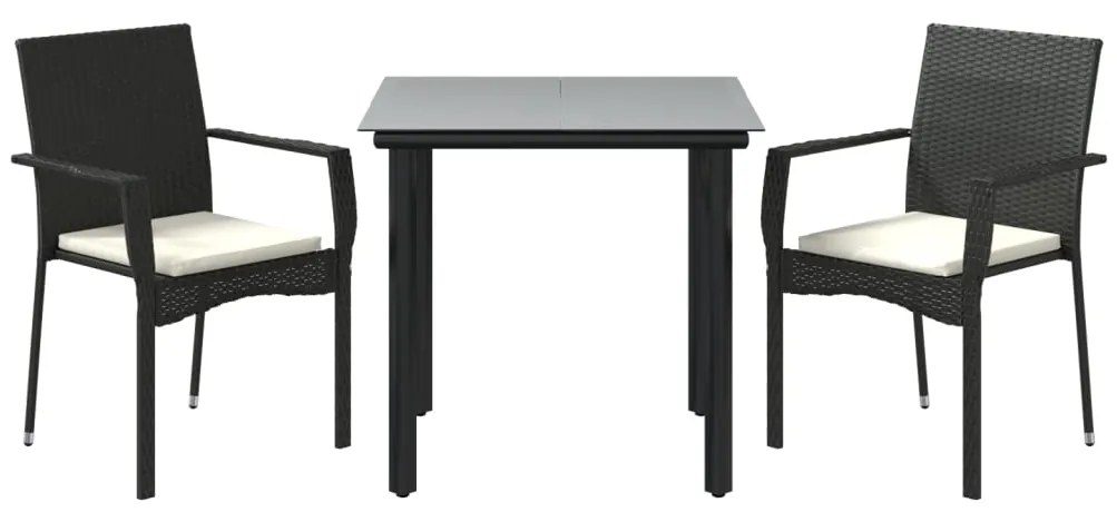 3 pcs conjunto de jantar p/ jardim c/ almofadões vime PE preto