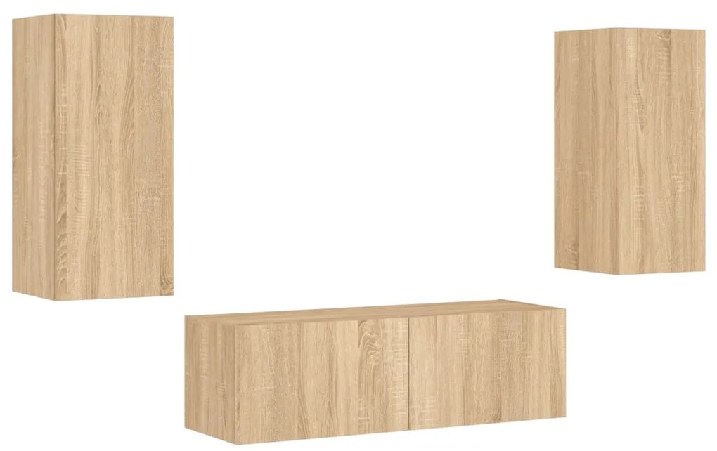 3 pcs móveis de parede para TV com luzes LED carvalho sonoma