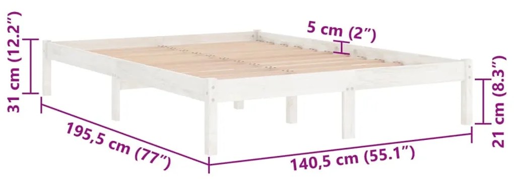 Estrutura de cama casal 135x190 cm madeira maciça branco