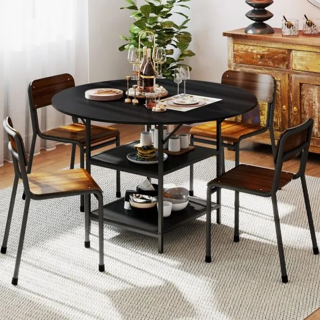 Mesa de Jantar Redonda 120 CM para 4-6 Pessoas de Cozinha Estilo Rústico com Estante Aberta de 2 Níveis Estrutura Metálica Preta