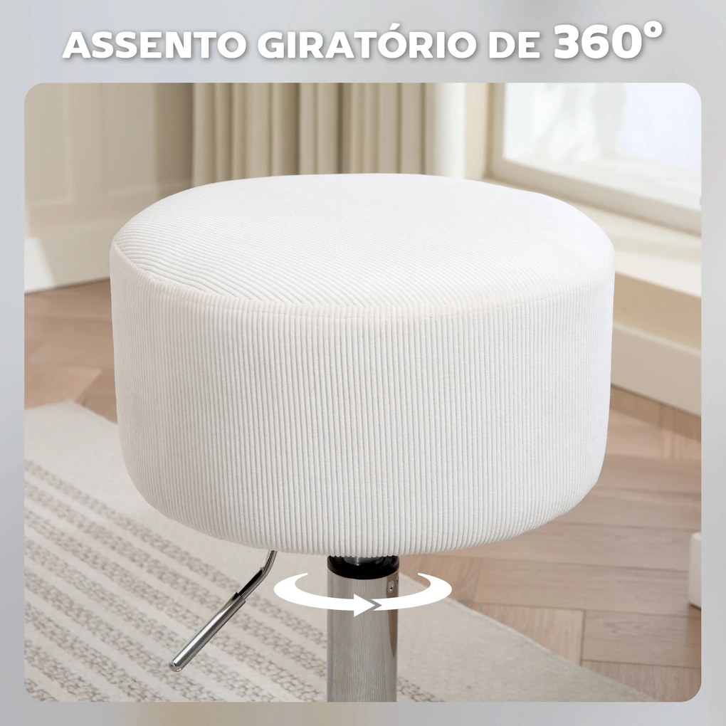 Banco de toucadou ou cozinha Ajustável em Altura 52-66 cm Estofado em Veludo Giratória a 360° Branco