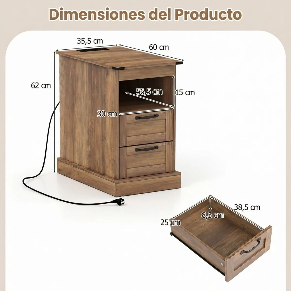 Conjunto de 2 mesas de cabeceira, mesas apoio rústicas com estação de carregamento e 2 gavetas Pretas e castanho rustico