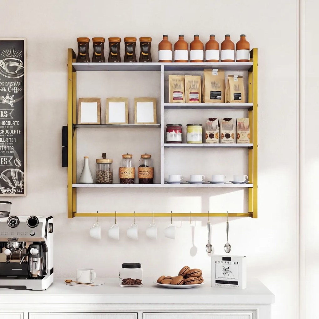 Prateleira suspensa moderna 107 x 24 x 96 cm, 6 níveis, 8 ganchos e bolso lateral para cozinha, bar ou casa – Dourada e Branco