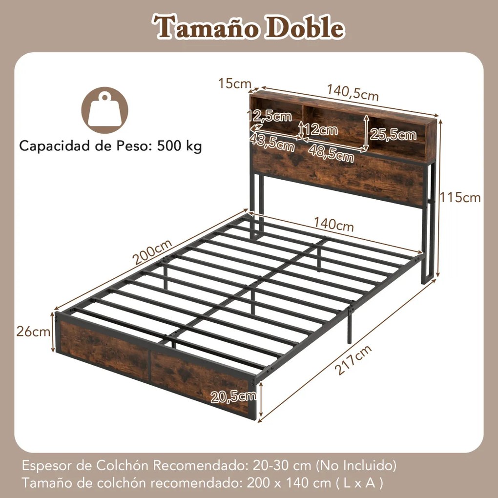 Cama de casal com estação de carregamento, estrutura de cama metálica com cabeceira e espaço de arrumação 200 x 140 cm (colchão não incluído)