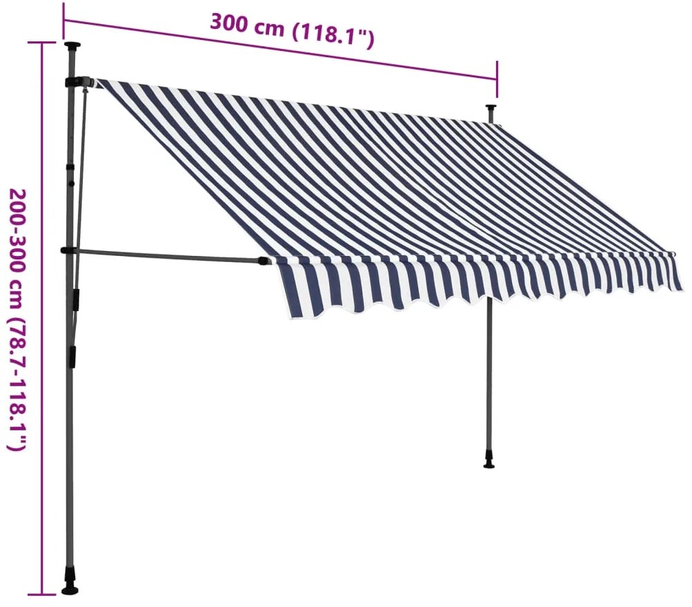 Toldo retrátil manual com LED 300 cm azul e branco