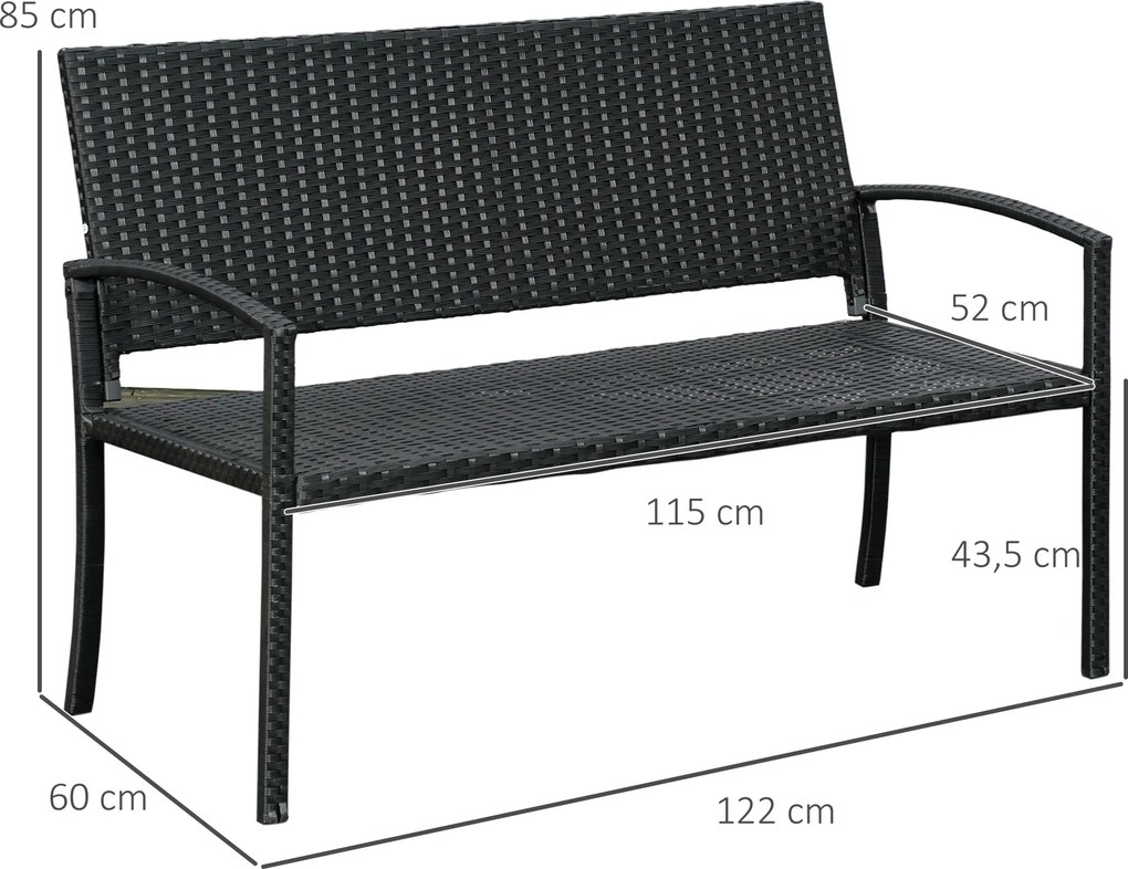 Banco Jardim Lounge Cadeira 2 Lugares Móveis para Jardim Exterior Terraço 2 Lugares Rattan Sintético Carga 320kg 122x60x87cm Estrutura Aço