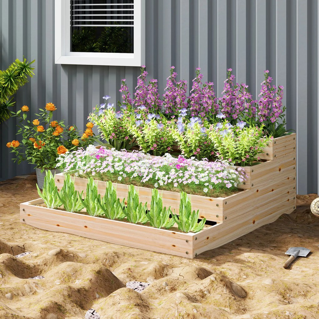 Floreira de jardim quadrada sem fundo 113 x 113 x 46 cm, com 4 níveis, para ervas aromáticas, legumes, frutas e flores, cor natural