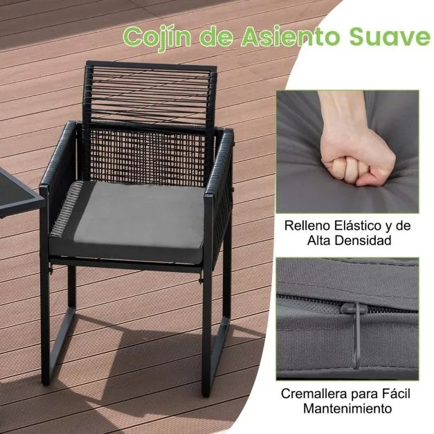 Conjunto de mobiliário de jardim em rattan PE com encosto rebatível e almofadas confortáveis Preto