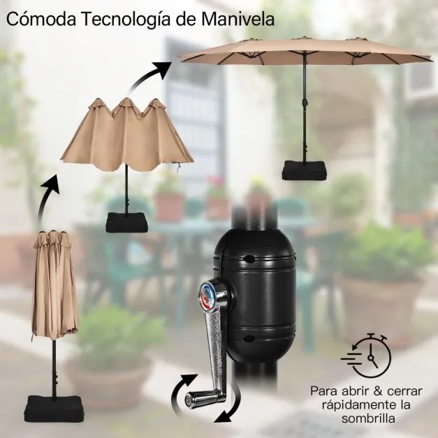 Guarda-sol duplo Jardim de 451,5 cm com base Sistema de manivela Estrutura metálica com 12 varas Ventilação de ar Café
