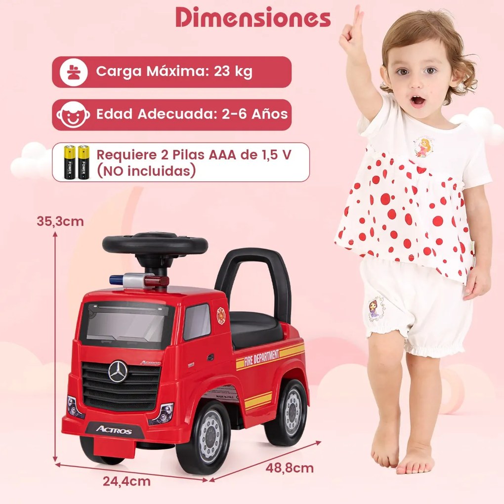 Andarilho em forma Camião de bombeiros com licença Mercedes Benz para crianças dos 2 aos 6 anos de idade Volante com buzina musical Mercedes Benz e ar