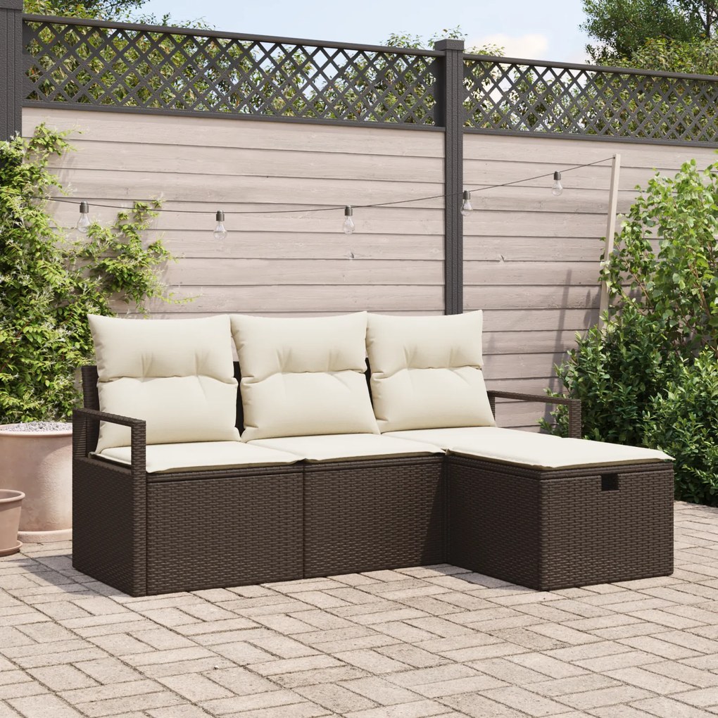 Conjunto de Sofá de Jardim de 4 Peças com Almofadas Castanho Rattan Po