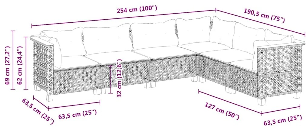 6 pcs conjunto de sofás p/ jardim com almofadões vime PE bege