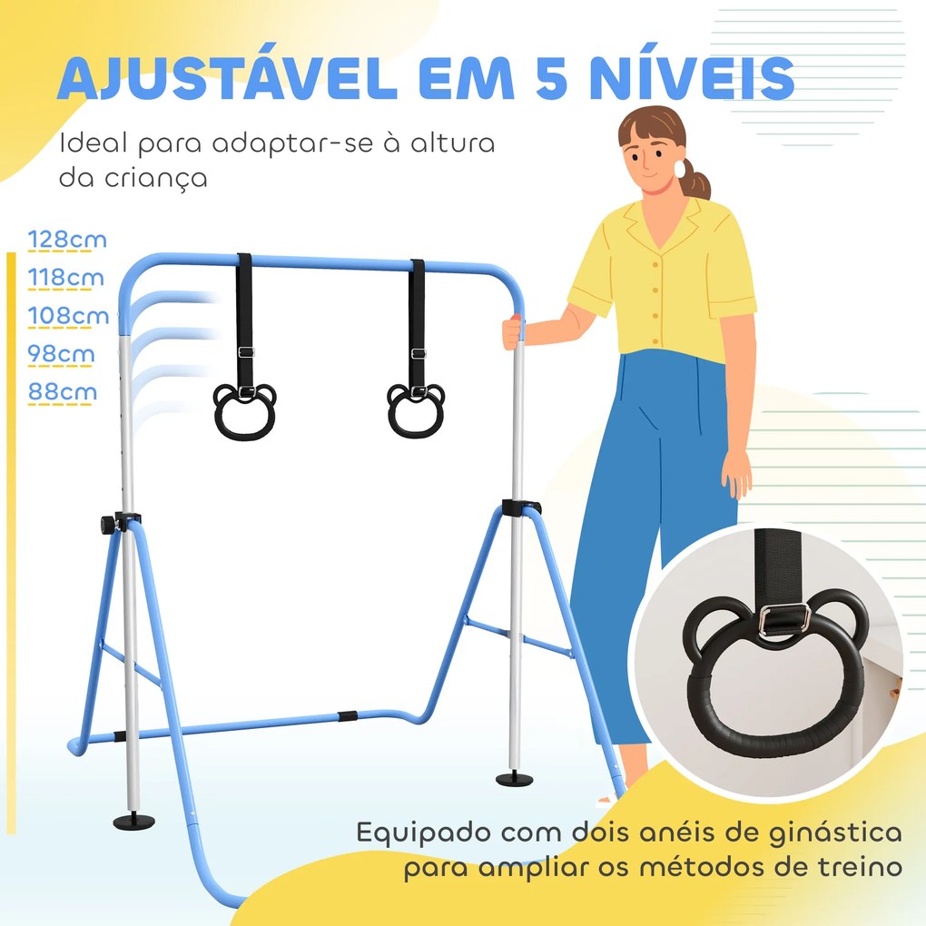 Barra de Ginástica para Crianças com Altura Ajustável em 5 Níveis Anéis e Dobrável 148x105x88-128 cm Azul