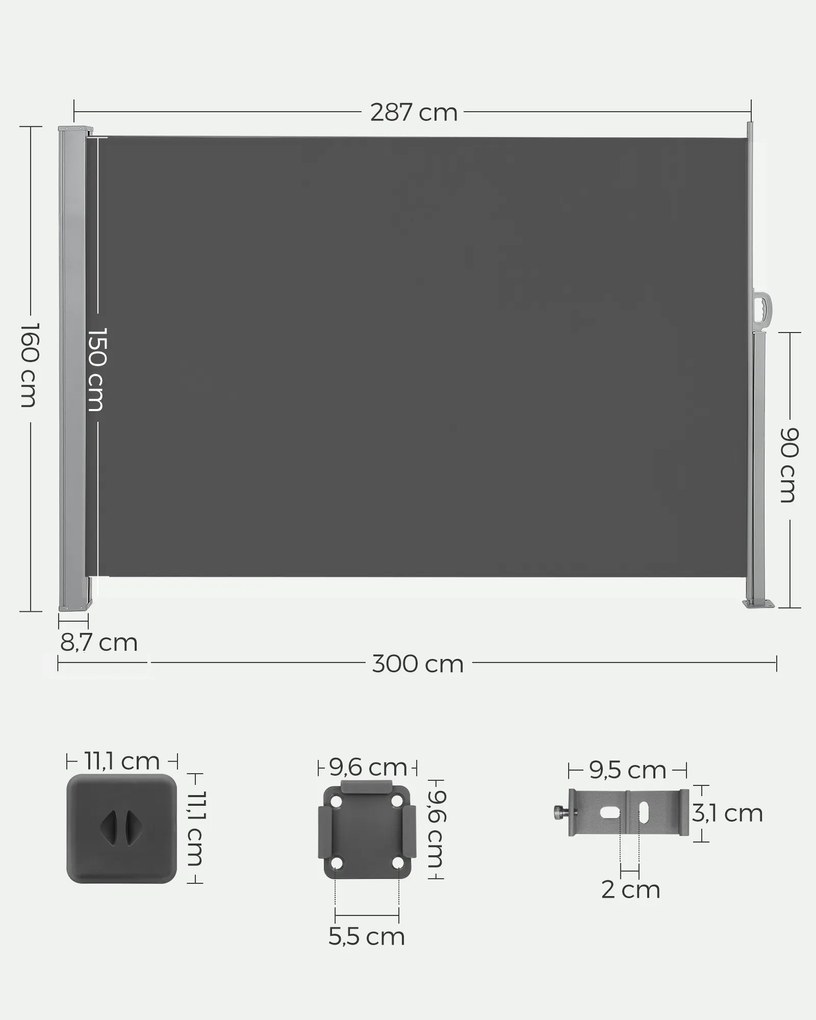 Toldo lateral 160 x 300 cm Ferro revestido a pó e alumínio , poliéster revestido a PVC de 220 g/m² cinzento fumo