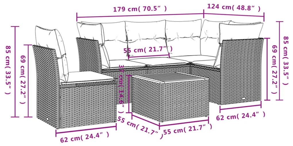 6 pcs conjunto de sofás p/ jardim com almofadões vime PE bege
