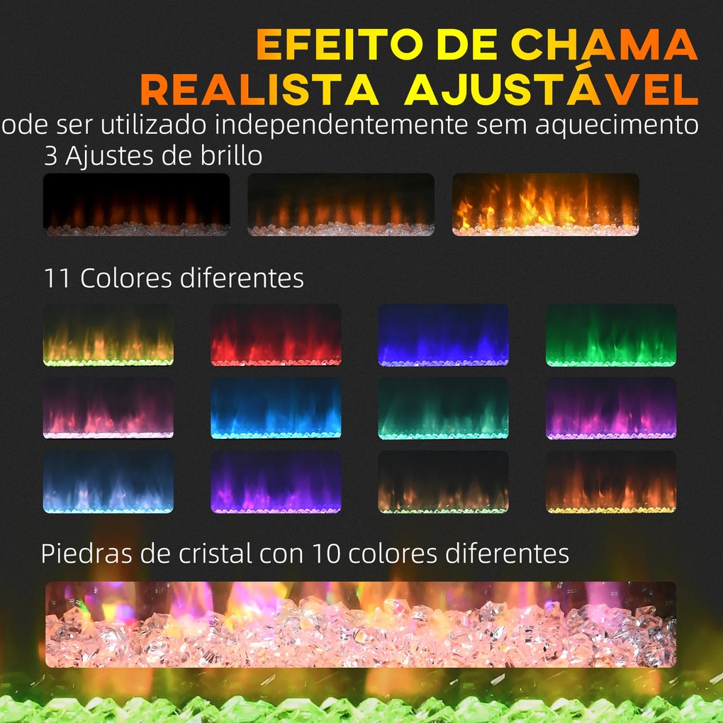 HOMCOM Lareira Elétrica 1000W/2000W Lareira Elétrica de Parede com Temperatura Ajustável Silenciosa Temporizador e Controlo Remoto para Ambientes de 15-25 m² 98x27x54,5 cm Branco