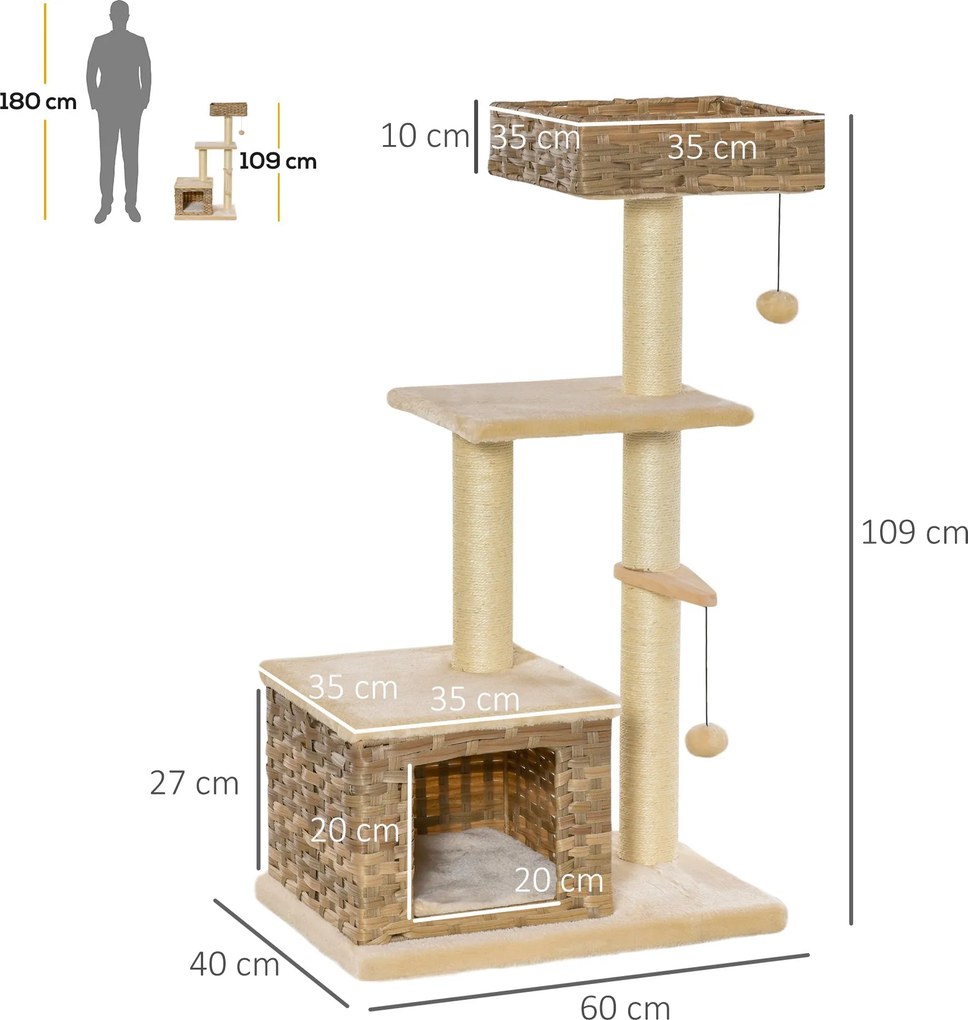 PawHut Árvore arranhador para gatos com plataformas, caverna, camas, b