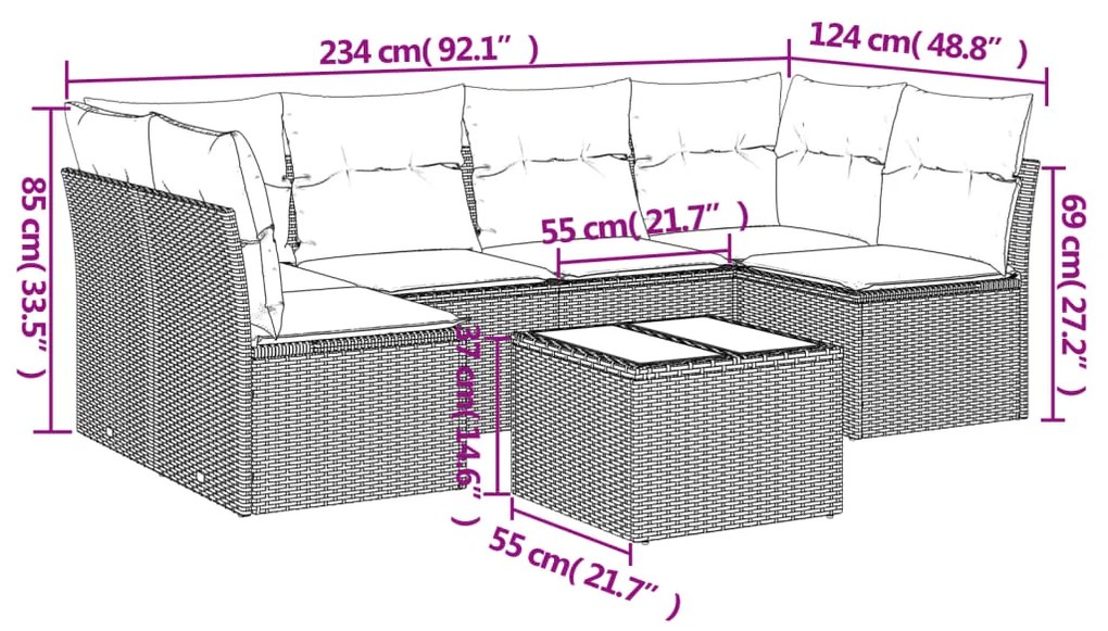 7 pcs conjunto de sofás jardim c/ almofadões vime PE castanho