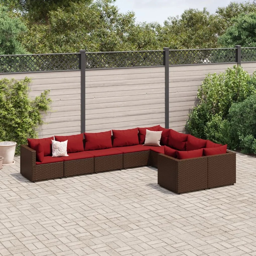 vidaXL 9 pcs conjunto sofás p/ jardim c/ almofadões vime PE castanho