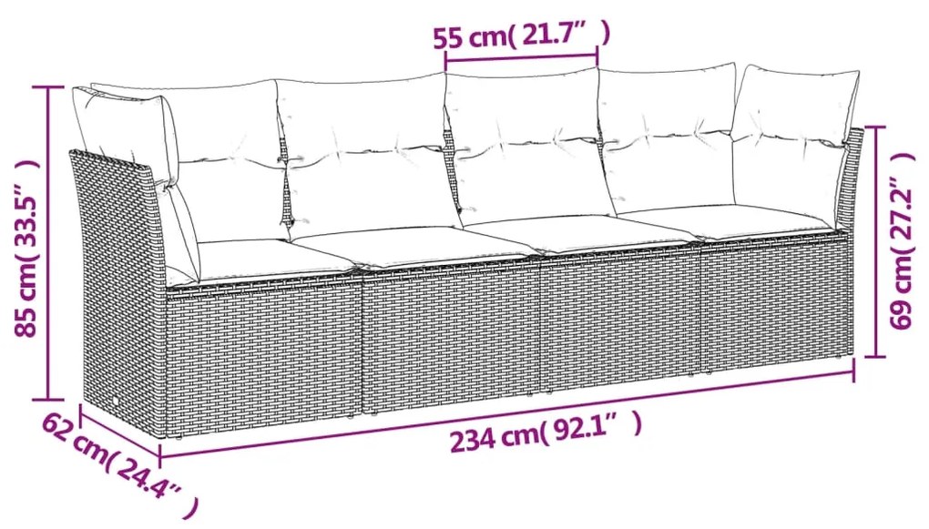 4 pcs conjunto sofás de jardim c/ almofadões vime PE cinzento