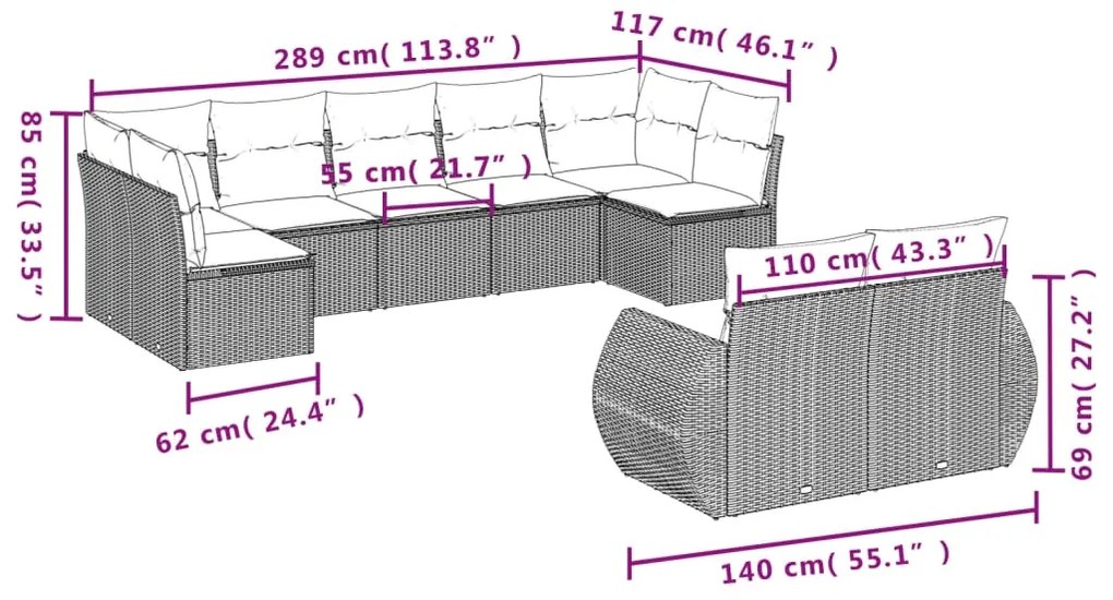 9 pcs conjunto de sofás p/ jardim com almofadões vime PE bege