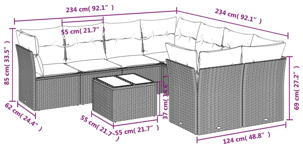 9 pcs conjunto sofás p/ jardim c/ almofadões vime PE castanho