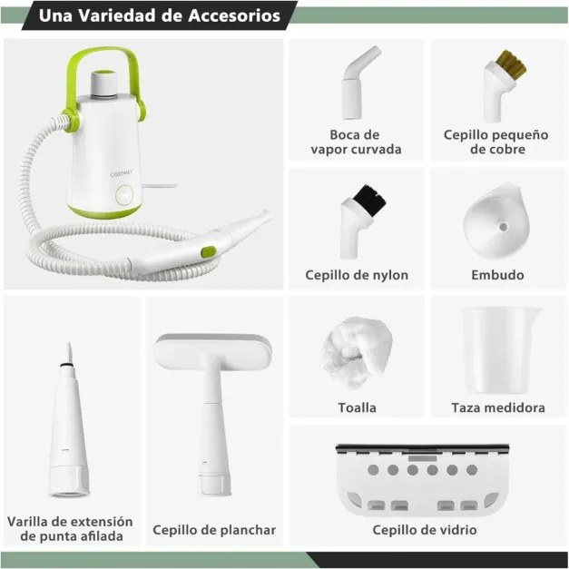 Máquina portátil de limpeza a vapor de 1000w com tanque de água de 300ml, mangueira estendida e vaporizador de roupas de cabo longo Branco