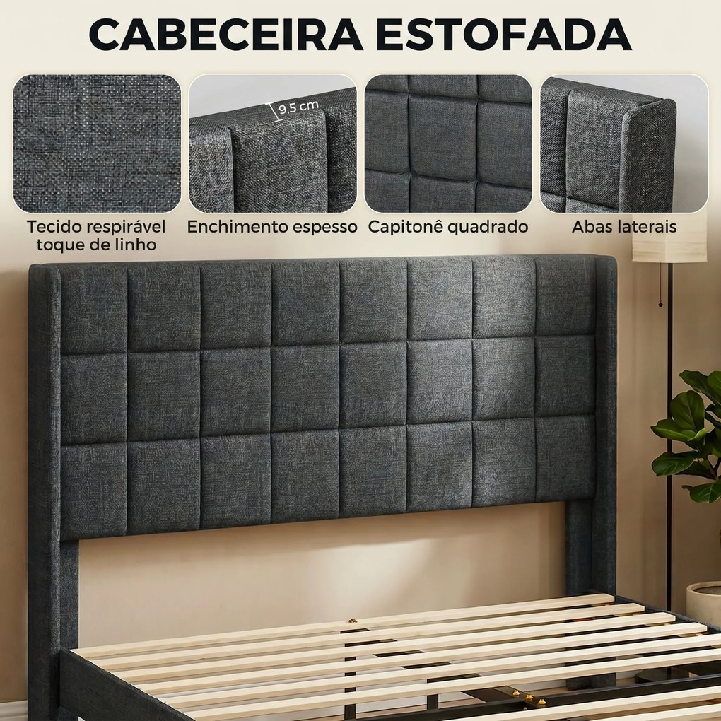 Cama de Casal 135x190 cm com Cabeceira Estofada com Laterais e Arrumação Inferior, Cinzento