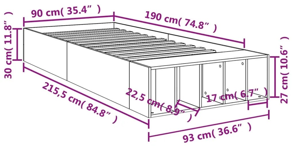 Estrutura cama 90x190 cm derivados de madeira cinzento sonoma