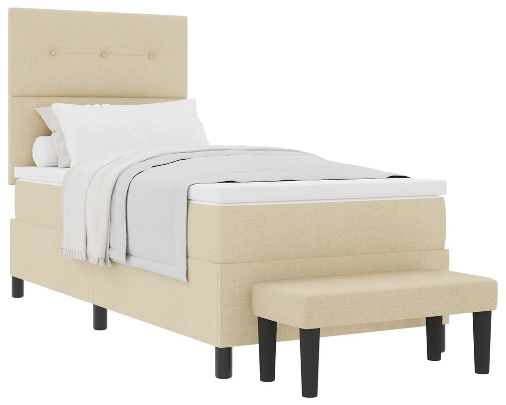 Cama Box Spring com Colchão &amp; Banqueta Creme 90x200 cm Tecido