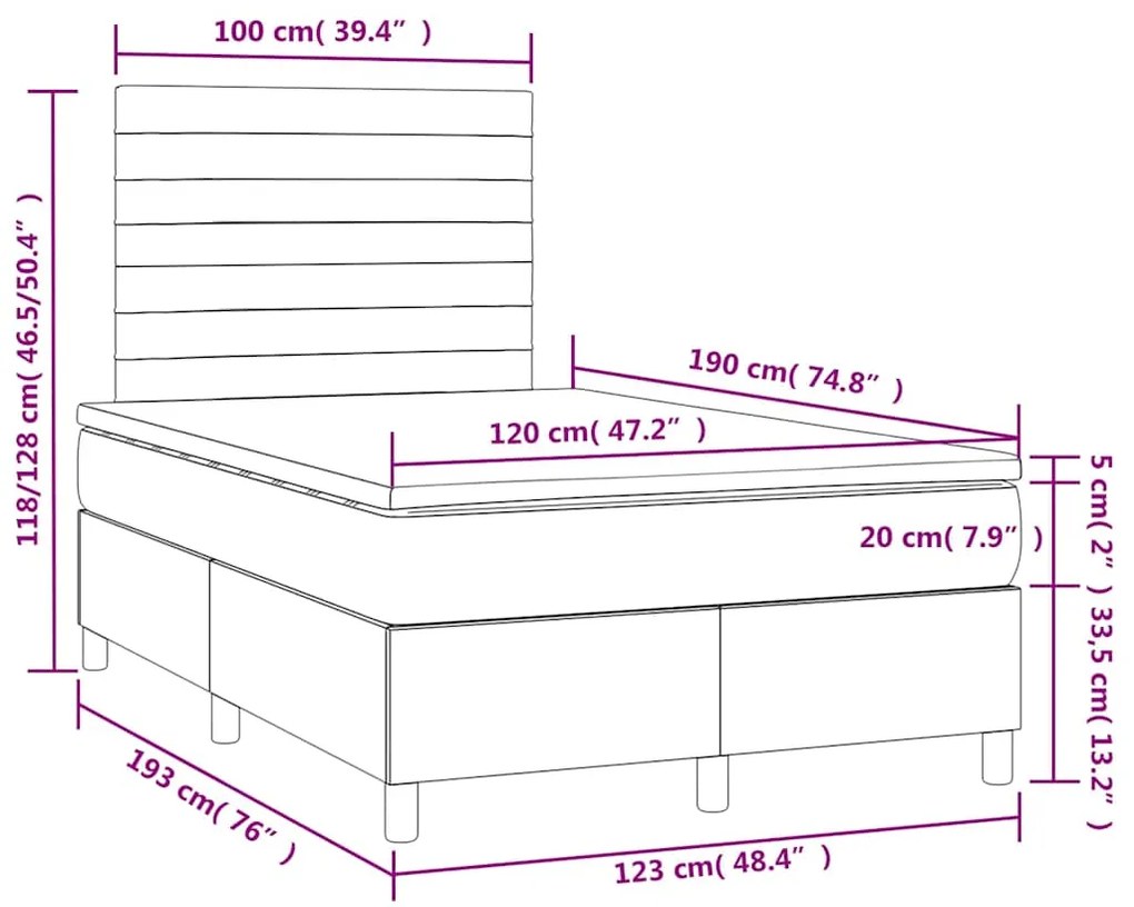 Cama box spring c/ colchão e LED 120x190 cm tecido azul