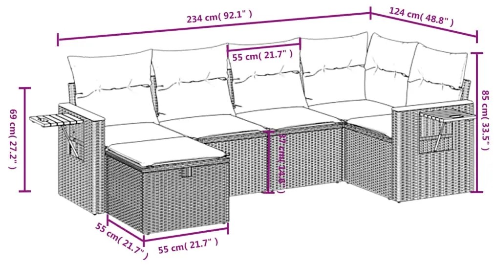 6 pcs conjunto sofás de jardim com almofadões vime cinzento