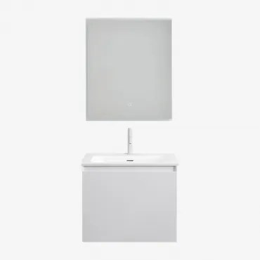 Conjunto De Móvel De Casa De Banho Suspenso Em Madeira Com Lavatório Integrado Macrae Branco & Led Retangular E Anti-embaciamento 60x70 Cm - Sklum