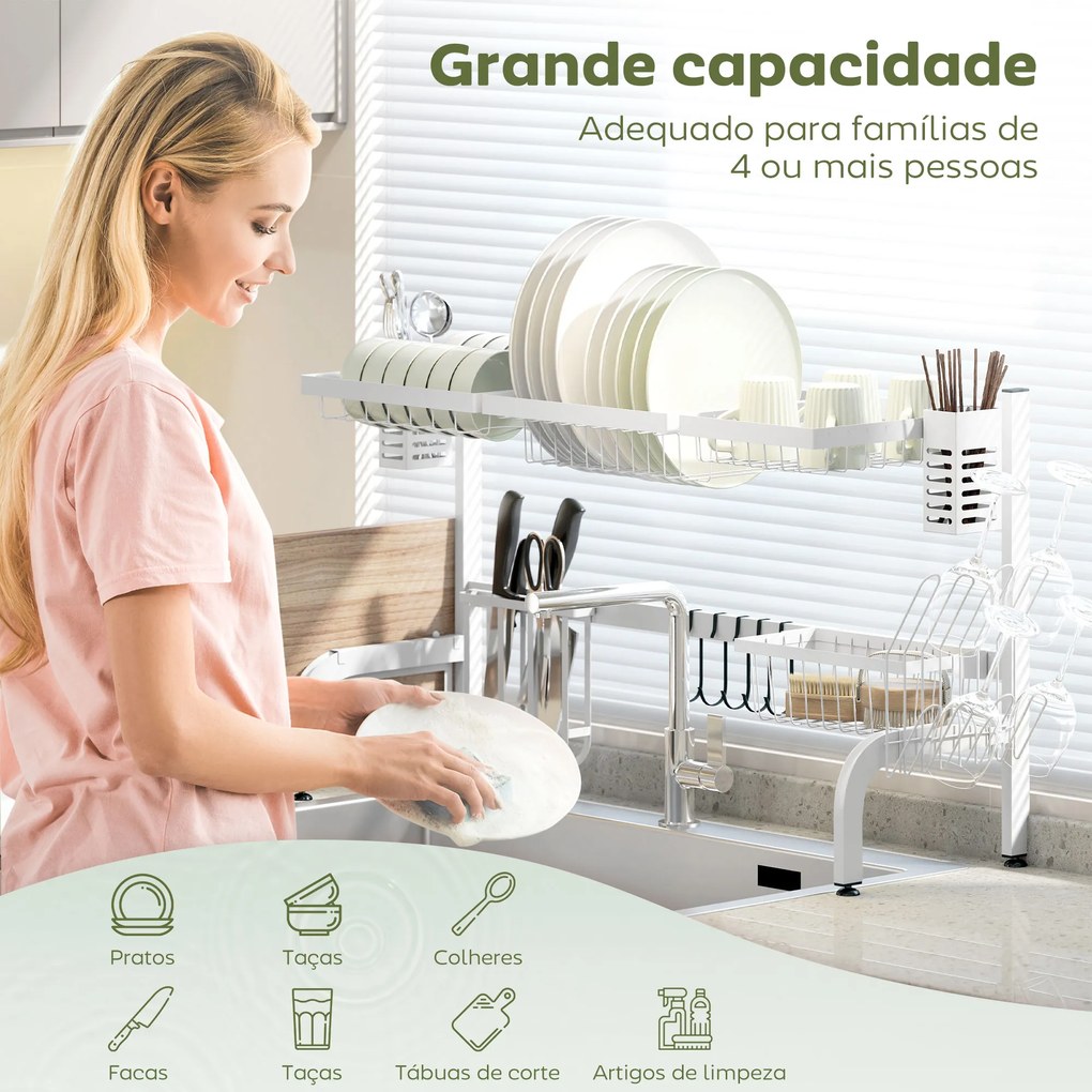 Escorredor de Louça de Aço de 2 Níveis com Prateleira para Pratos Suporte para Facas e Talheres 100x30x54,5 cm Branco