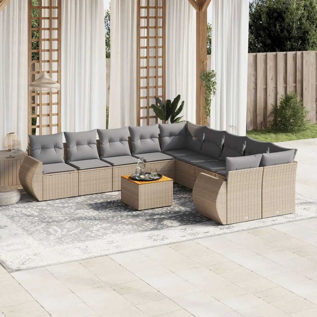 11 pcs conjunto sofás de jardim c/ almofadões vime PE bege
