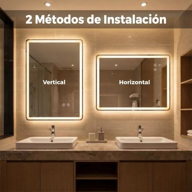 Espelho LED 70x50cm com luzes de 3 cores, antiembaciamento e luz regulável prateada