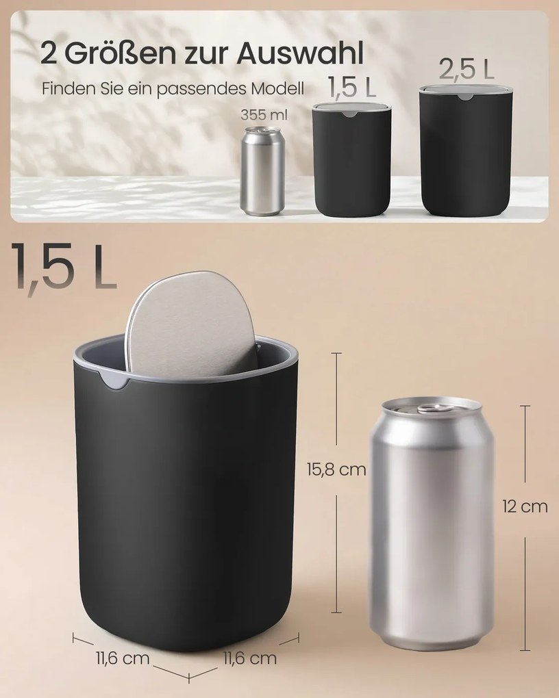 Caixote do lixo de mesa escritorio 11,6 x 11,6 x 15,8 cm em aço inoxidável, 1,5 L, com tampa basculante preto
