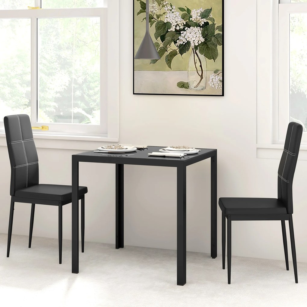 Conjunto de mesa de jantar e cadeiras para 2 pessoas, tampo retangular em vidro, para cozinha, sala de estar e casa, preto