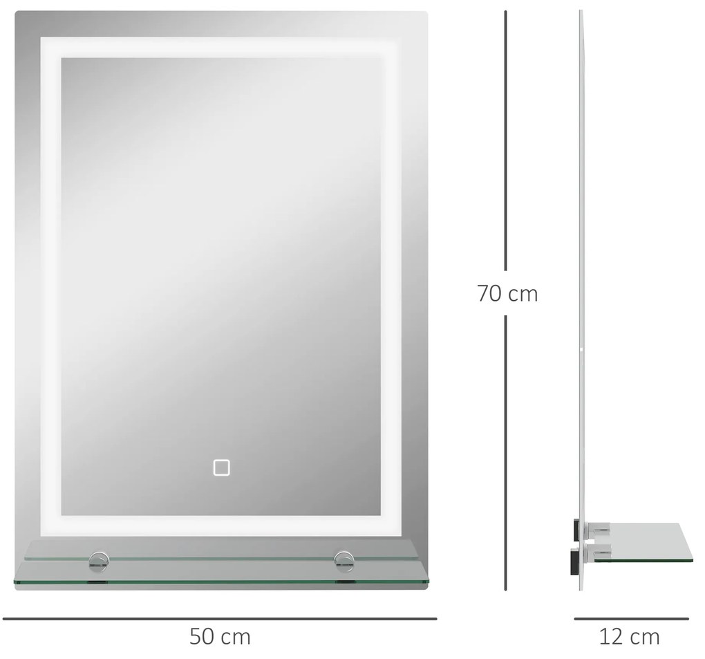 Espelho para Casa de Banho 50x70 cm com Moldura de Alumínio, Luzes LED Interruptor Tátil e Prateleira de Vidro para Casa de Banho Prata