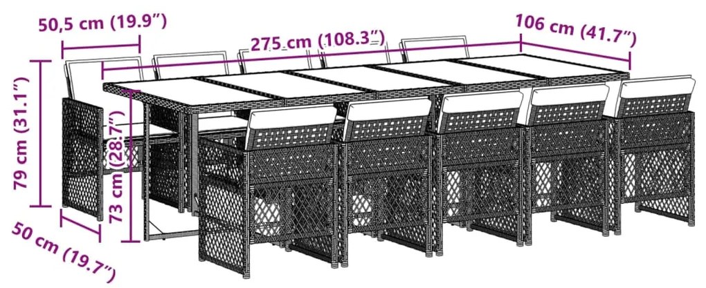 11 pcs conjunto jantar p/ jardim c/ almofadões vime PE cinzento