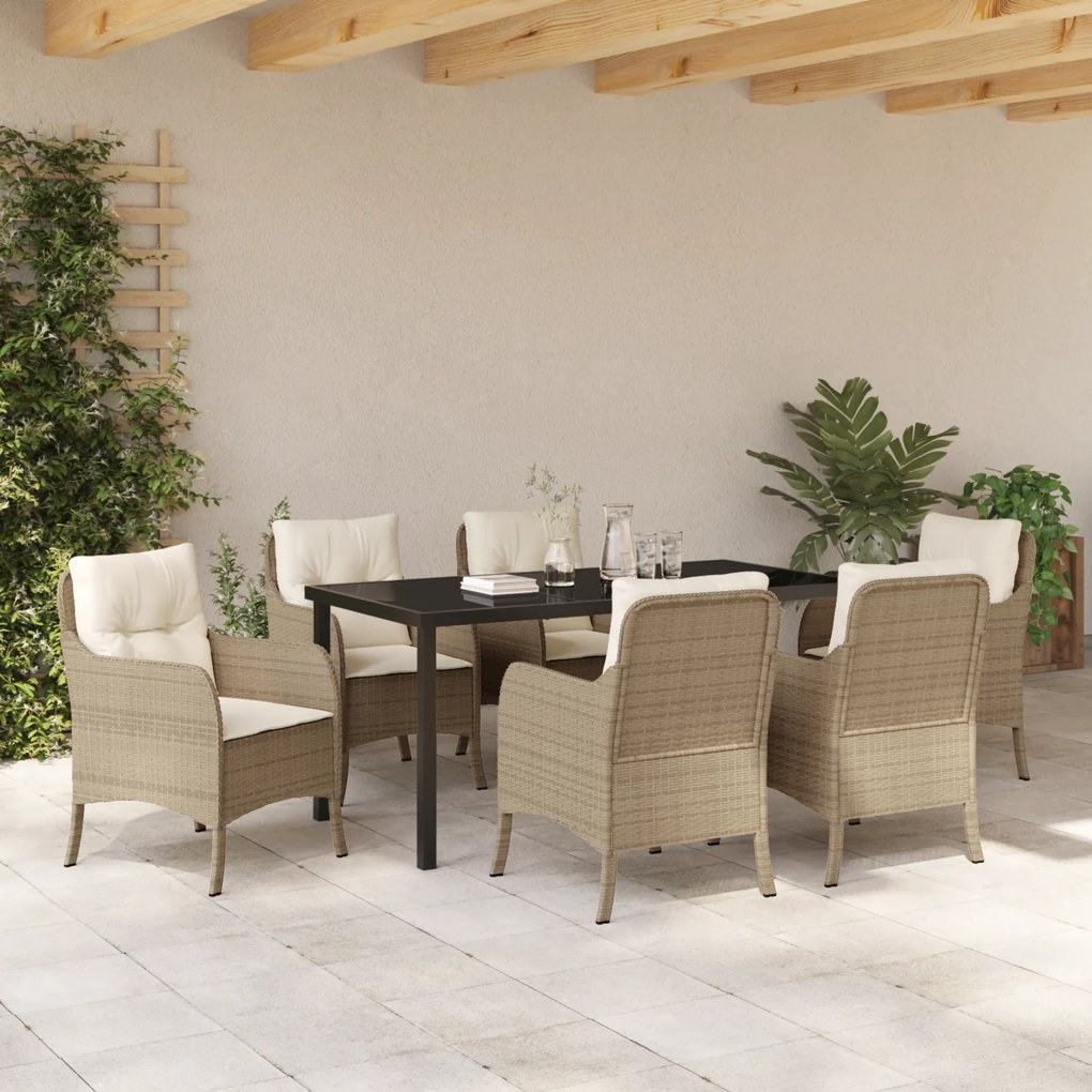 Conjunto de Jantar de Jardim de 7 Peças com Almofadas Bege Poliéster